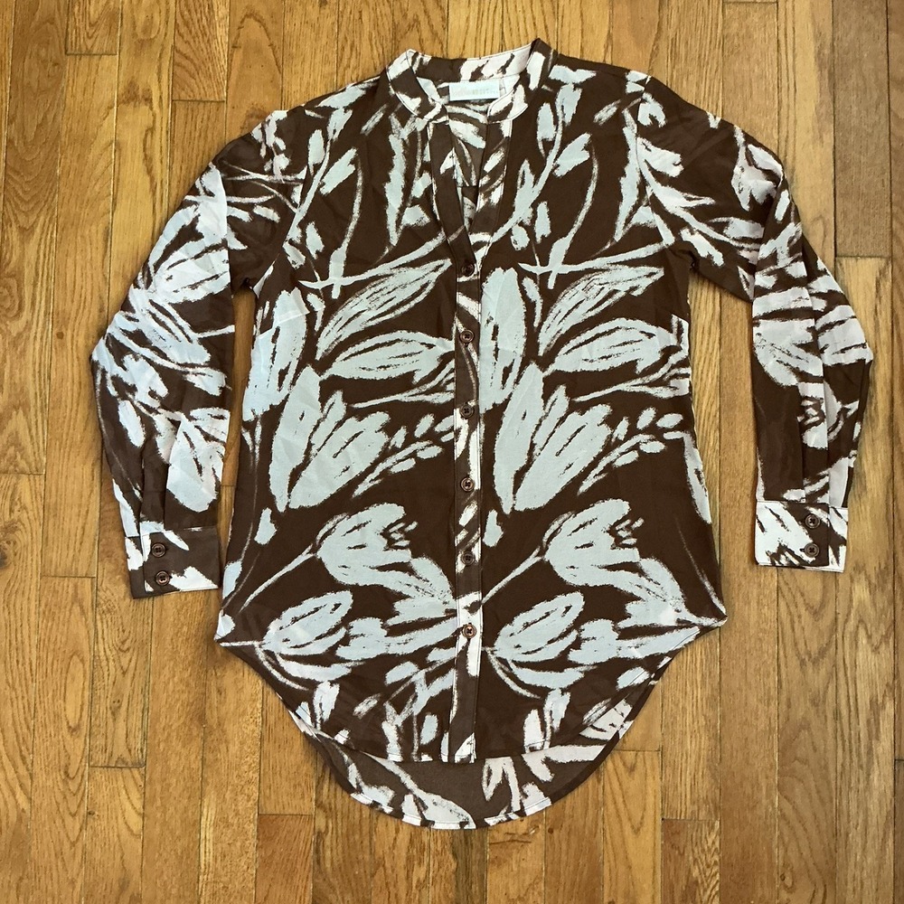 Belle by Kim Gravel Second Wind Hi-Low Button Front Floral Blouse Brown XXS
